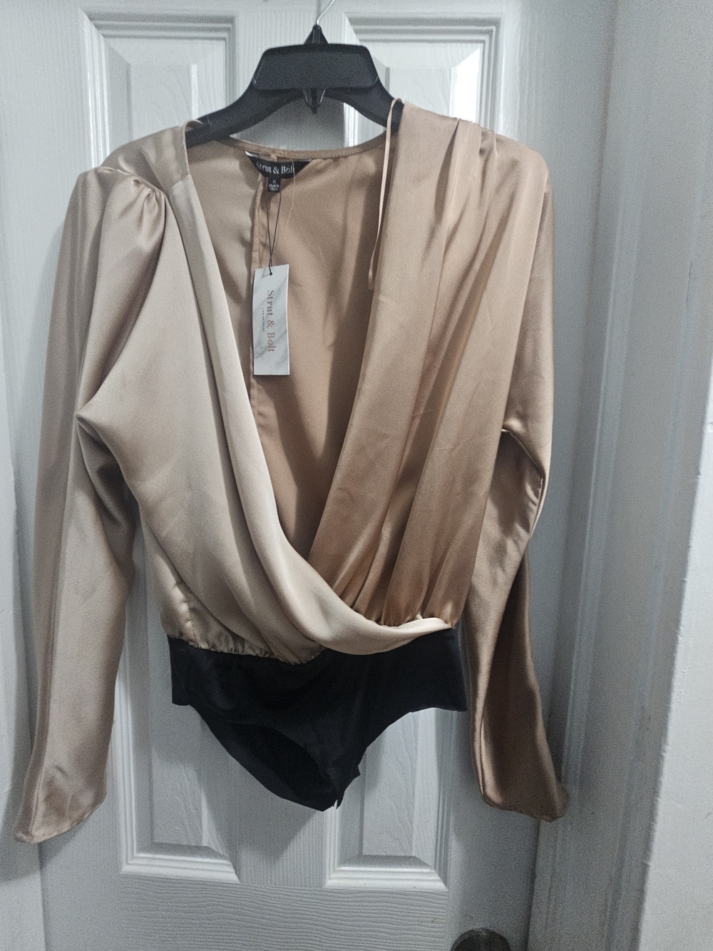 Two Tone Gold Champagne Satin Crossover Bodysuit Size Small - Picture 1 of 5